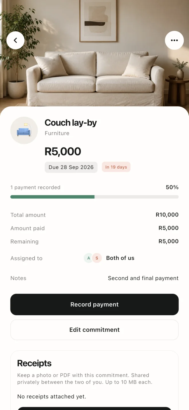 Dueo commitment details on iPhone, showing a couch plan and recorded payment