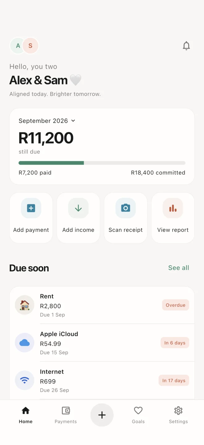 Dueo home on iPhone, showing shared commitments, payments and actions