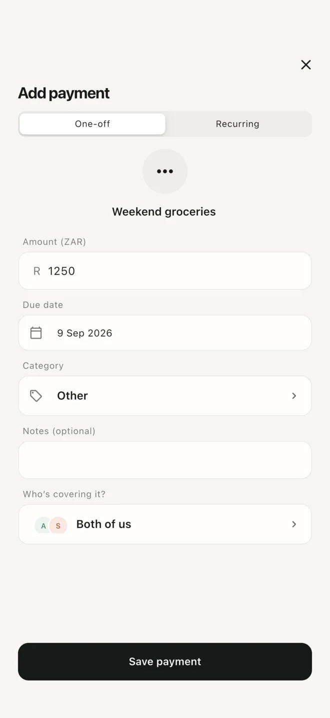 Dueo payment entry on iPhone, ready for review before saving